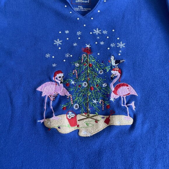 Allyson Whitmore Blue Beach Holiday Christmas Flamingos Shirt - Size PXL/M (XM1) - Picture 2 of 9